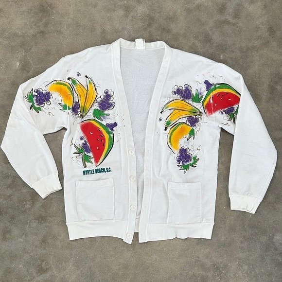 Vintage Sweaters - Vintage Myrtle Beach Fruit Print White Cardigan